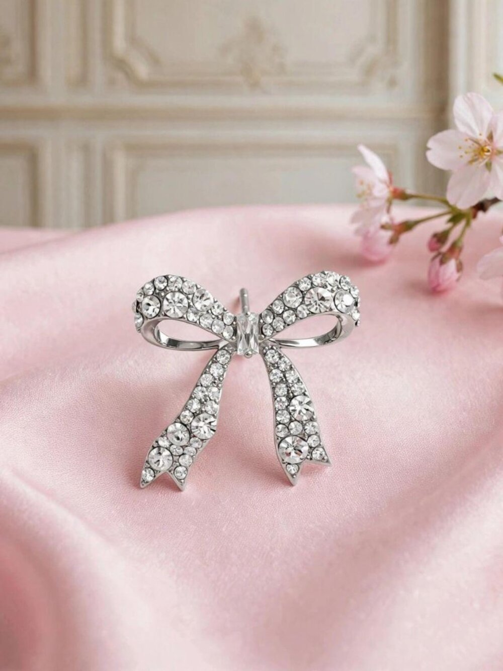 Silver Crystal Bow Stud Earrings Rhinestone Ribbon Bow Coquette Sparkly - Picture 2 of 2